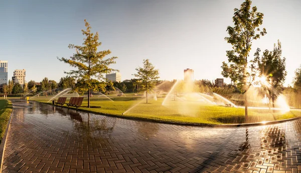 Panorama of a beautiful city park during lawn watering.