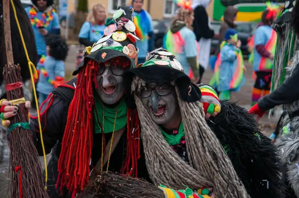Hohenstadt - February 17, 2023: Participant of a parade with witch masks and costumes at the traditional carnival parade in Hohenstadt, Germany.