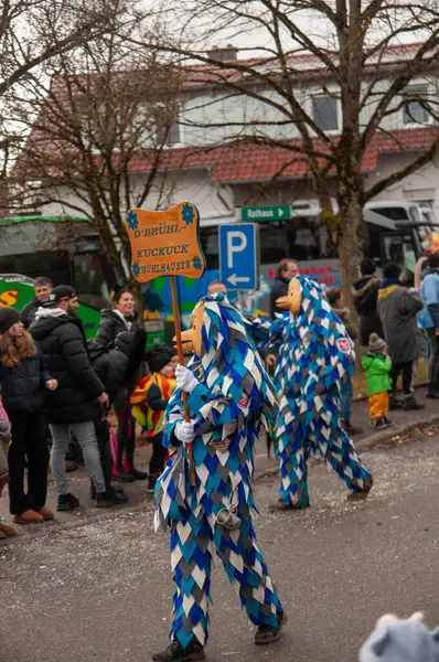Hohenstadt - February 17, 2023: Participant of a parade with colourful costumes at the traditional carnival parade in Hohenstadt, Germany.