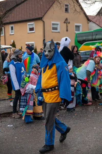 Hohenstadt - February 17, 2023: Participant of a parade with vampire bat mask at the traditional carnival parade in Hohenstadt, Germany.