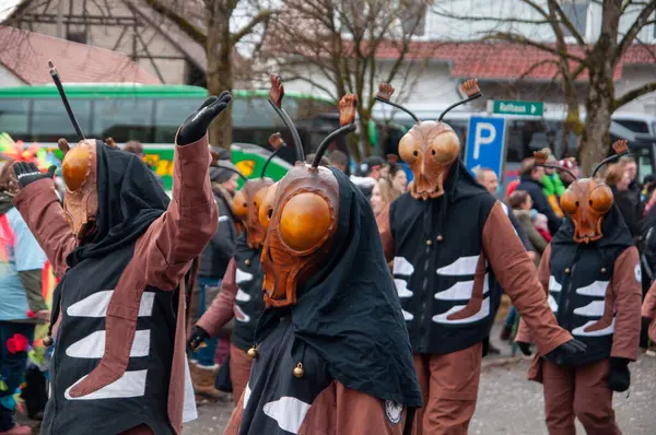 Hohenstadt - February 17, 2023: Participant of a parade in beetle masks and costumes at the traditional carnival parade in Hohenstadt, Germany.
