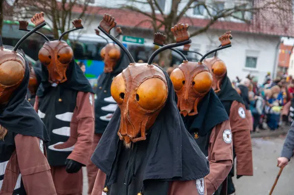 Hohenstadt - February 17, 2023: Participant of a parade in beetle masks and costumes at the traditional carnival parade in Hohenstadt, Germany.