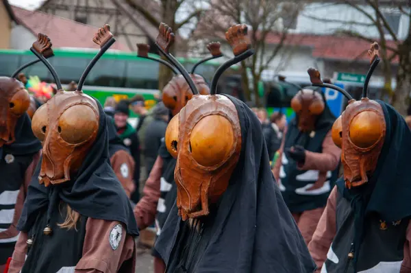 Hohenstadt - February 17, 2023: Participant of a parade in beetle masks and costumes at the traditional carnival parade in Hohenstadt, Germany.