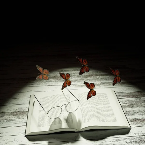 Book Table Dancing Butterflies — Stock Photo, Image