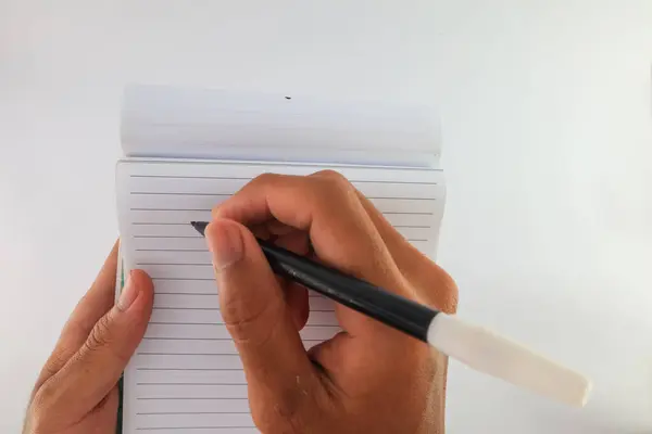 Scrivere Carta Bianca Con Penna Sfera Nera Penna Sfera Mano — Foto Stock