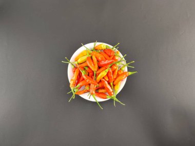 Cayenne pepper. red chili pepper. Capsicum genus. colorful chilies. flavor enhancer. staple food. very spicy and isolated concept. view from above.