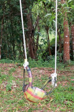 swing in the forest. tire swing. made from used car tires that are painted. children's toys, in the garden. recycled material.