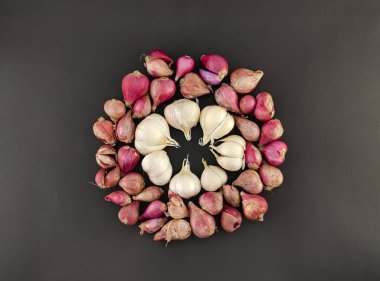 Arpacık soğanlarını ve sarımsağı kapat. Bitki ya da baharat. Aşçılıktaki ana baharat. Lezzet arttırıcı. izole konsept, fotoğraf stüdyosu.