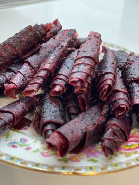 Fruit pastille from fresh fruit strawberries apples pumpkin currants with nuts dietary food.