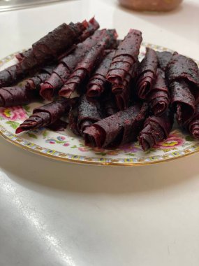 Fruit pastille from fresh fruit strawberries apples pumpkin currants with nuts dietary food.