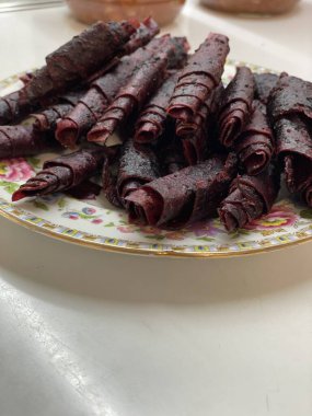 Fruit pastille from fresh fruit strawberries apples pumpkin currants with nuts dietary food.