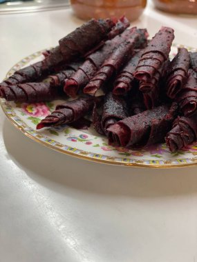 Fruit pastille from fresh fruit strawberries apples pumpkin currants with nuts dietary food.