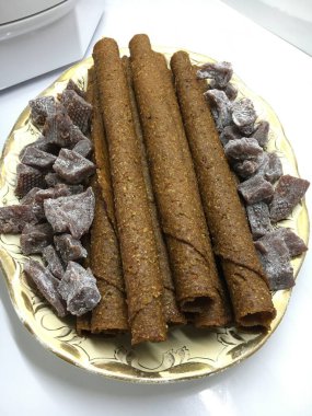 Fruit pastille from fresh fruit strawberries apples pumpkin currants with nuts dietary food.