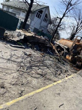 Spring Bucha Kiev region of destruction of houses and equipment after Russia's invasion of the territory of Ukraine