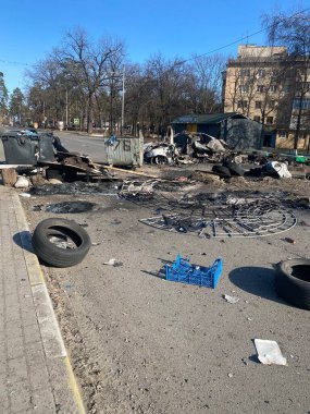 Bucha Kiev region Ukraine spring destruction of buildings and destruction of equipment during Russia's aggression in Ukraine war military operations