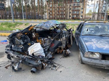 Bucha Kiev region Ukraine spring destruction of buildings and destruction of equipment during Russia's aggression in Ukraine war military operations