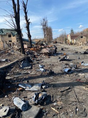 Bucha Kiev region Ukraine spring destruction of buildings and destruction of equipment during Russia's aggression in Ukraine war military operations