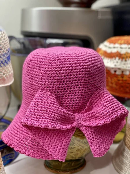 Pink handmade crochet hat with a bow beautiful very made of cotton threads