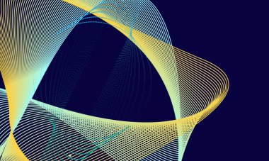  Dark navy blue and gold curve shapes on abstract blue background with glowing golden striped lines and glitter. luxury modern pattern. Vector illustration