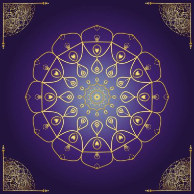 mandala tasarımı Ramazan altın rengi vektör çizimi, mor ve mavi gradyan arkaplan