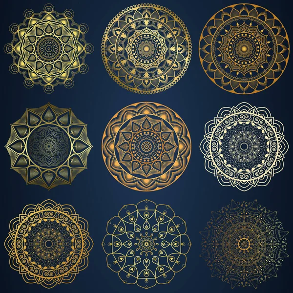 Altın renkli Hindistan illüstrasyon kartları veya herhangi bir 9 tasarım Bandele paketi için lüks mandala tasarım arka planı