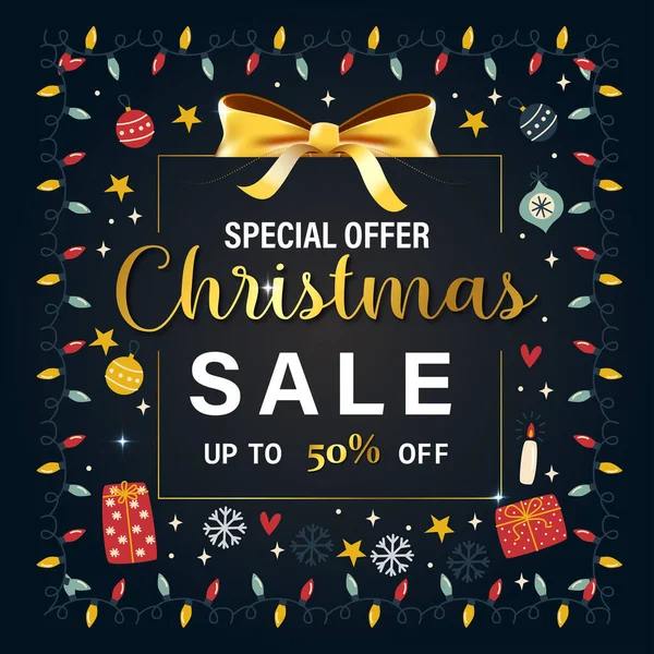 Noel indirimi afiş tasarım şablonu. Yılbaşı dekorasyonlu vektör illüstrasyonuName.