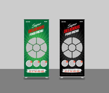 Food roll-up banner template or restaurant services promotion x stand rollup pull-up retractable signage banner design
