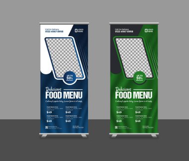 Food roll-up banner template or restaurant services promotion x stand rollup pull-up retractable signage banner design