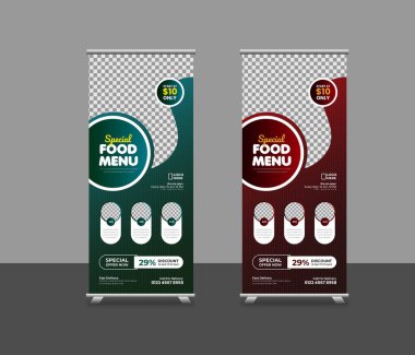 Food roll-up banner template or restaurant services promotion x stand rollup pull-up retractable signage banner design