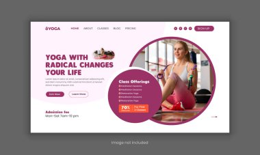 Yoga sınıfı web sitesi iniş sayfası kahraman bölüm UI şablonu. Web sayfası tasarımı ve cep telefonu 