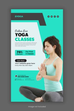 Yoga ve meditasyon web dikey afiş tasarım şablonu ve Sabah yogası ve fitness sınıfı sosyal medya hikaye tasarımı