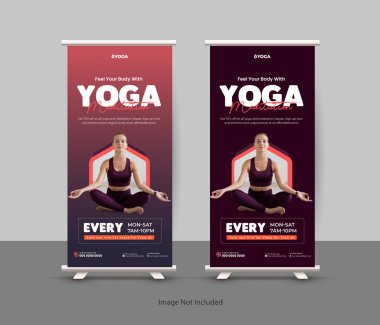 Yoga sınıfı rulo-up pankart pankartı ya çekin ya da afiş şablon tasarımını ayakta tutun