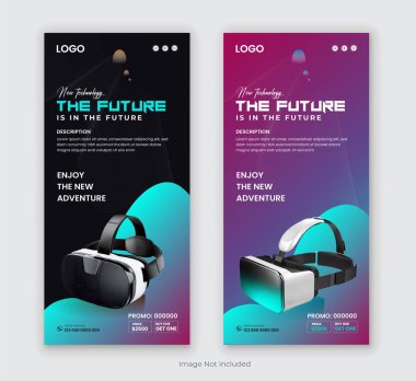 Virtual Reality Headset DL Flyer or Metaverse Promotion Rack Card Design Template, VR Box leaflet print design clipart