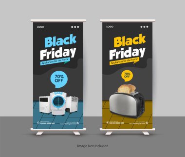 Kitchen Interior Equipment Mega offers a roll-up banner design template, Black Friday home appliance accessories sale vertical banner or presentation display banner design template clipart