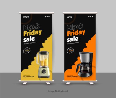 Kitchen Interior Equipment Mega offers a roll-up banner design template, Black Friday home appliance accessories sale vertical banner or presentation display banner design template clipart