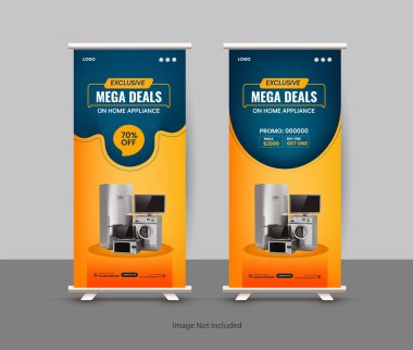 Kitchen Interior Equipment Mega offers a roll-up banner design template, Black Friday home appliance accessories sale vertical banner or presentation display banner design template clipart