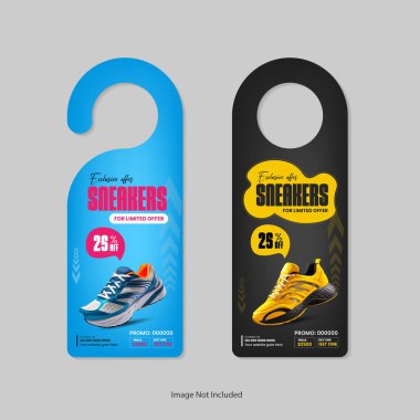 Sports shoe sale door hanger Template design template or vertical banner design template and Exclusive Modern sports Sneakers sale  door hanger template clipart