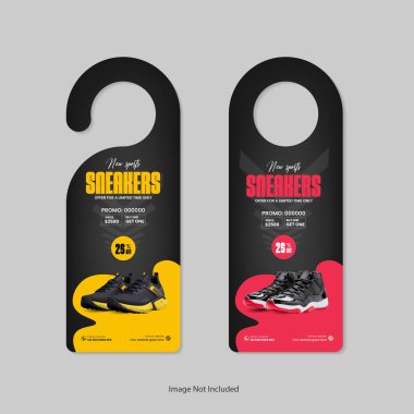 Sports shoe sale door hanger Template design template or vertical banner design template and Exclusive Modern sports Sneakers sale  door hanger template clipart