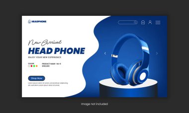 Headphone brand product landing page or Music headphone website home page hero section user interface design template clipart