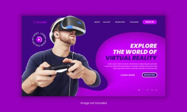 VR Kulaklık Satışı web sitesi iniş sayfası arayüzü tasarımı veya Metaverse VR Kutusu Atölye ana sayfası şablonu, Sanal gerçeklik metaverse olay iniş sayfası arayüzü tasarımı şablonu