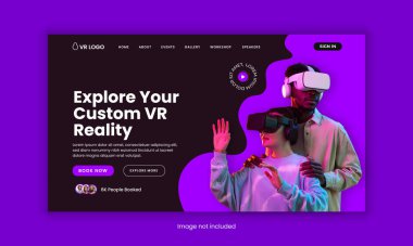 VR Kulaklık Satışı web sitesi iniş sayfası arayüzü tasarımı veya Metaverse VR Kutusu Atölye ana sayfası şablonu, Sanal gerçeklik metaverse olay iniş sayfası arayüzü tasarımı şablonu