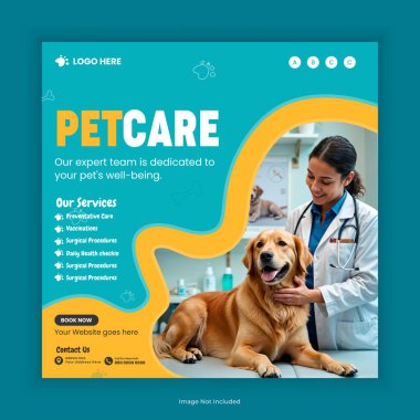 Hayvan Sağlığı Hizmetleri Sosyal Medya Postası ve Hayvan Sağlık Merkezi hizmetleri Instagram Post Square Flyer Design Şablonu, evcil hayvan bakım hizmetleri eğitim hizmetleri web pankartı tasarımı