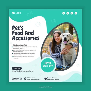Hayvan Gıda ve Aksesuarları sosyal medya postası ve hayvan ürünleri mağazası Instagram Post Square Flyer Design Şablonu satar. Çevrimiçi Evcil Hayvan Dükkanı Web Sancak Tasarımı Şablonu
