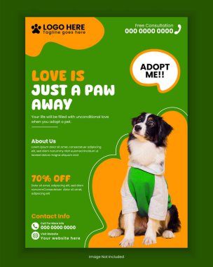 Evcil hayvan evlat edinme olayları poster tasarımı, ya da Hayvan bakımı, tımar, kaplıca eğitimi, A4 boyutlu el ilanı tasarımı şablonu