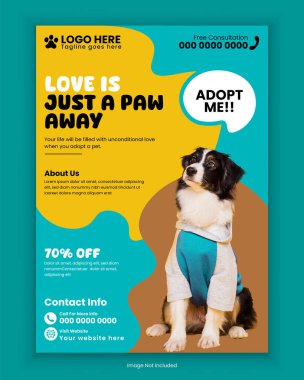 Evcil hayvan evlat edinme olayları poster tasarımı, ya da Hayvan bakımı, tımar, kaplıca eğitimi, A4 boyutlu el ilanı tasarımı şablonu