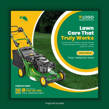 Bahçe, Bahçe ve manzara bakım servisi sosyal medya postası tasarımı. Çim biçme makinesi kare şablonu, tarım ve tarım hizmetleri sosyal medya gönderme şablonu