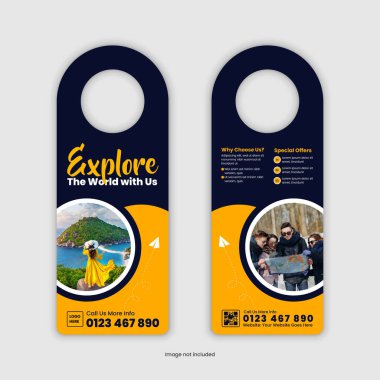 Kapı askısı tasarım şablonu bir tatil turizmi ve seyahat acentesinin hizmetlerini tanıtıyor ve