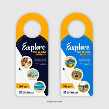 Kapı askısı tasarım şablonu bir tatil turizmi ve seyahat acentesinin hizmetlerini tanıtıyor ve
