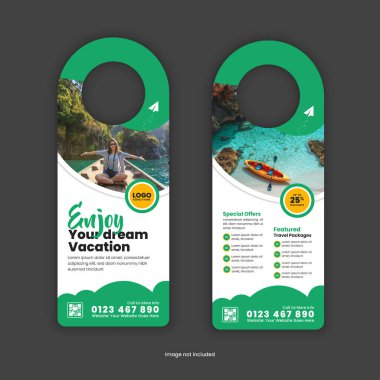 Kapı askısı tasarım şablonu bir tatil turizmi ve seyahat acentesinin hizmetlerini tanıtıyor ve
