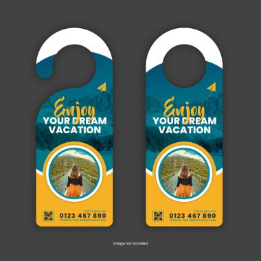 Kapı askısı tasarım şablonu bir tatil turizmi ve seyahat acentesinin hizmetlerini tanıtıyor ve